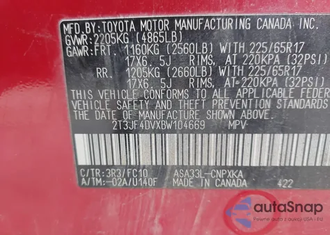 2011 Toyota Rav4 z USA, uszkodzony, nr VIN 2T3JF4DVXBW104669